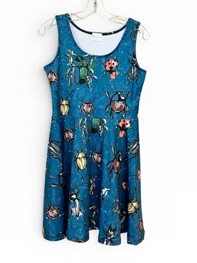 Cowcow Watercolor Beetles Sleeveless Skater Dress Womens Large Fit Flare